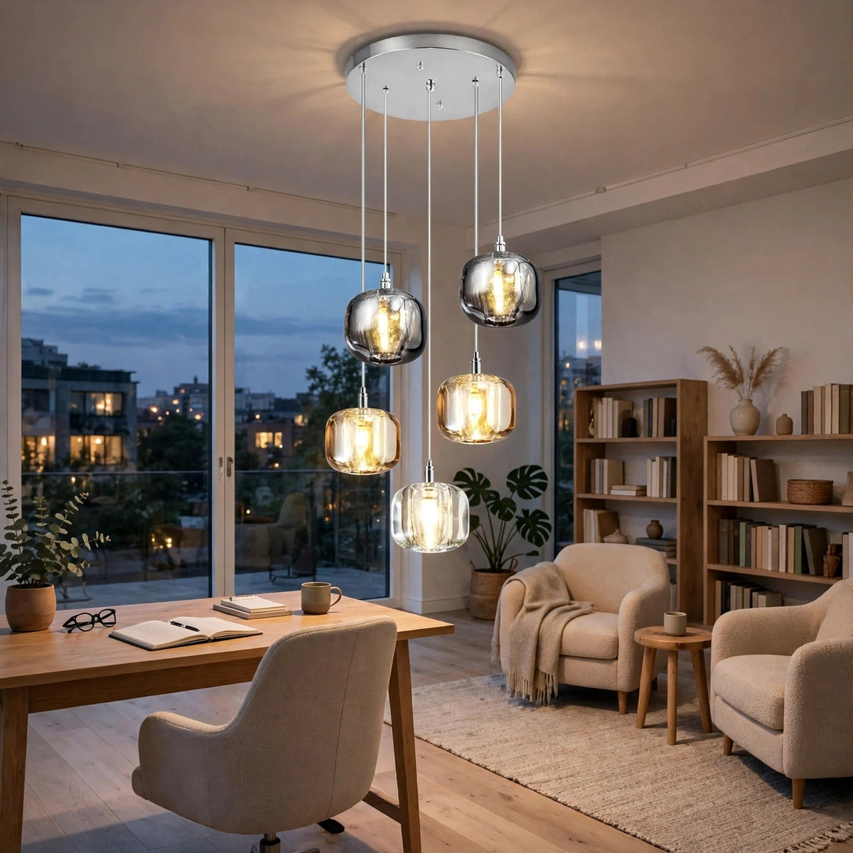 A modern multi-light pendant chandelier with five clear glass globes and warm white bulbs hanging in a stylishly lit living room with a desk, chairs, and bookshelves.