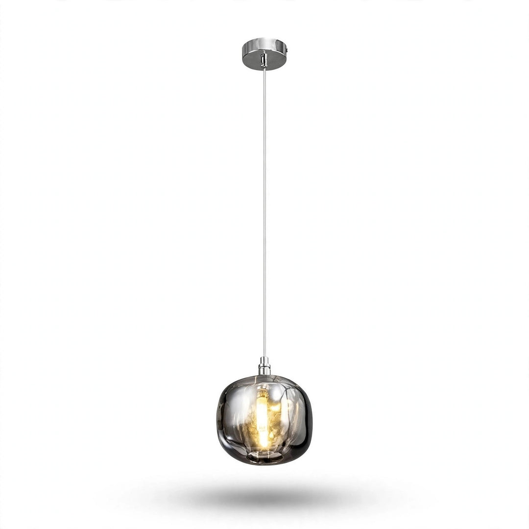 A single-light chandelier with a smoky grey rounded crystal shade hangs from a polished silver canopy against a white background.