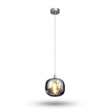 A single-light chandelier with a smoky grey rounded crystal shade hangs from a polished silver canopy against a white background.