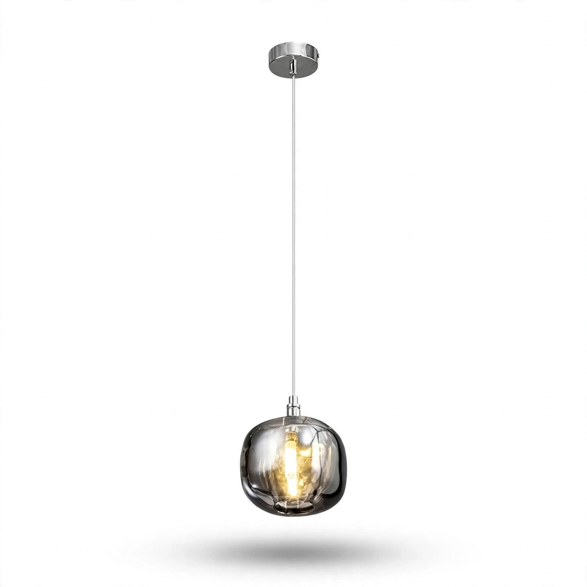 A single-light chandelier with a smoky grey rounded crystal shade hangs from a polished silver canopy against a white background.