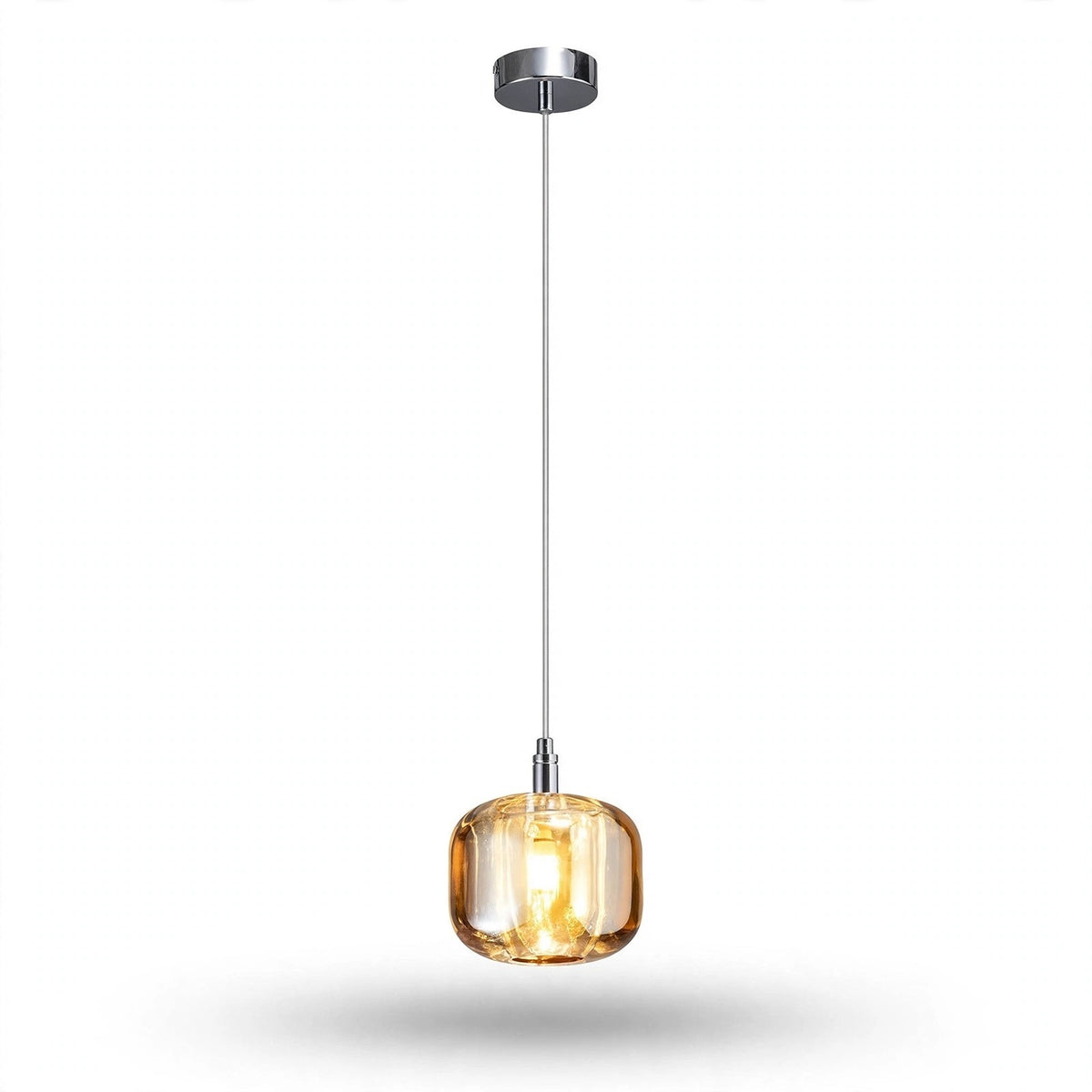 A single-light chandelier with an amber rounded crystal shade and polished silver canopy glows warmly against a white background.