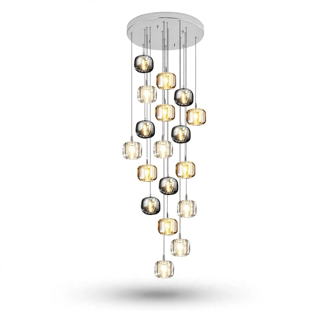 A chandelier cascades from a round silver canopy, with eighteen illuminated amber, clear, and smoky grey shades against a white background.