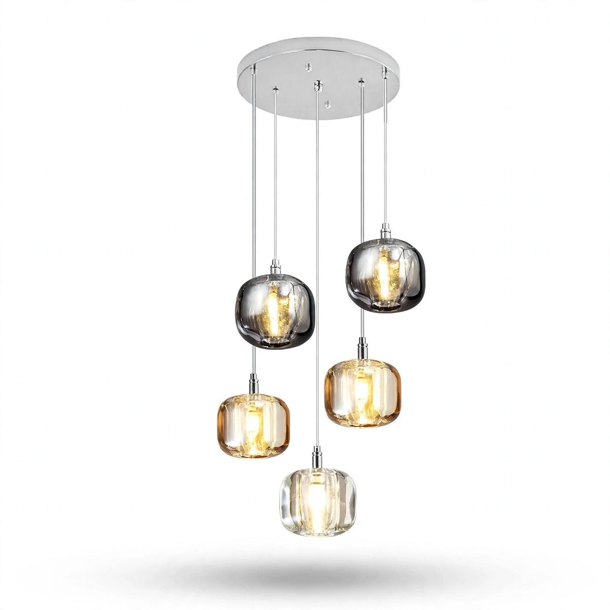 A chandelier has five illuminated smoky grey, amber, and clear shades cascading beneath a round silver canopy against a white background.