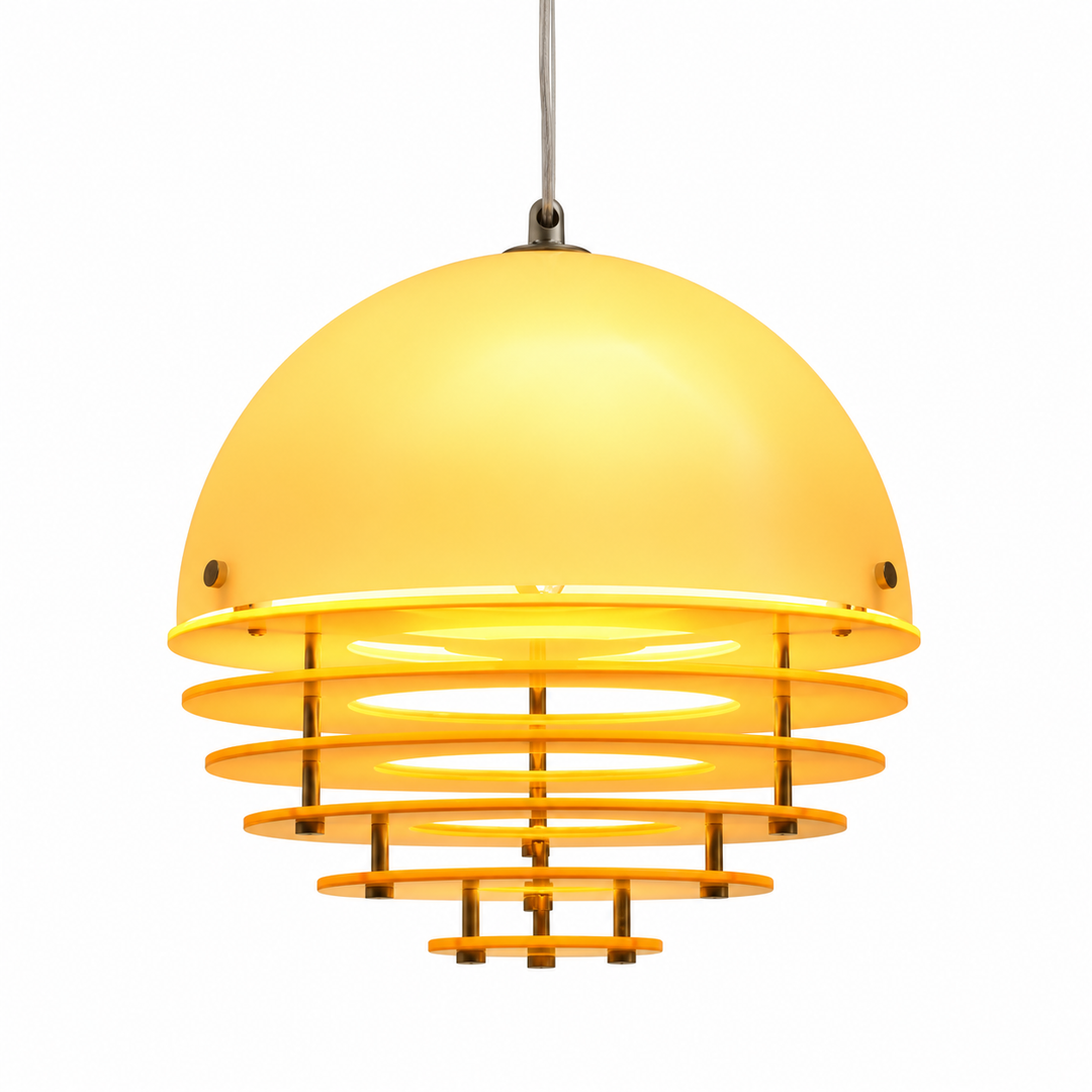 A modern pendant light with a large, dome-shaped frosted yellow shade and multiple concentric horizontal rings below, suspended by a thin metal cord against a plain white background.
