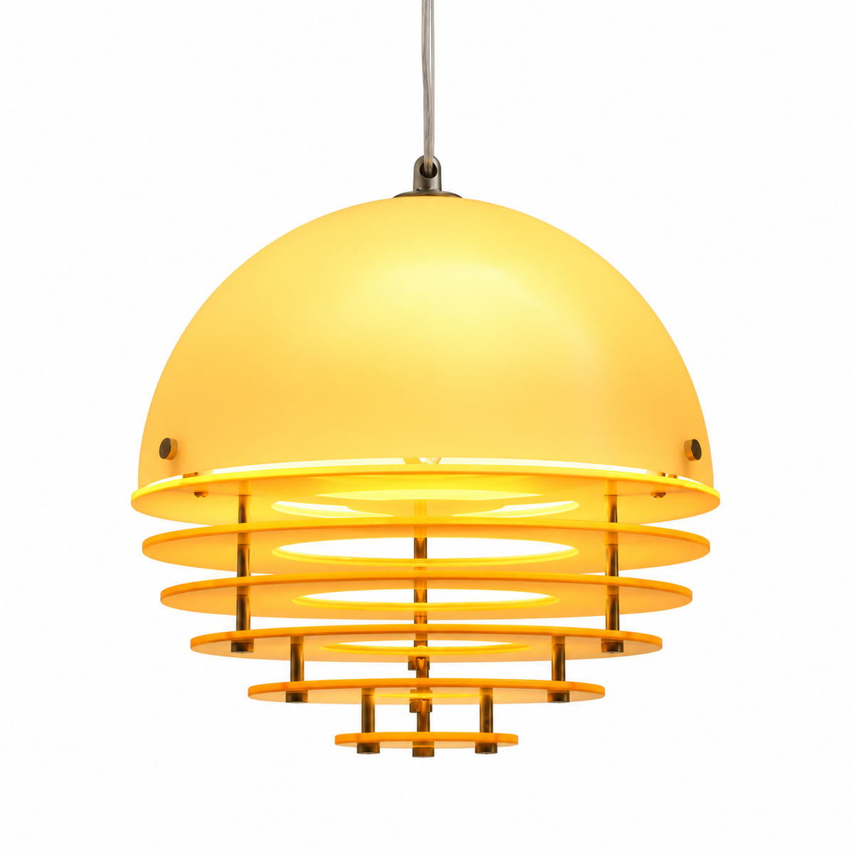 A modern pendant light with a large, dome-shaped frosted yellow shade and multiple concentric horizontal rings below, suspended by a thin metal cord against a plain white background.