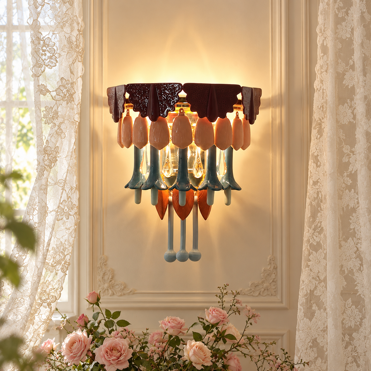 A decorative wall sconce with a dark brown top band, peach and orange teardrop-shaped glass drops, and blue-green hanging stems, mounted on a cream paneled wall between sheer curtains.