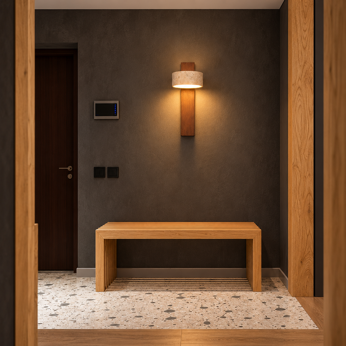 A modern minimalist entryway featuring a light oak wooden bench centered against a dark textured gray wall, illuminated by a matching vertical wall sconce. The floor is a speckled beige and gray terrazzo pattern, framed by warm wood paneling on both sides.