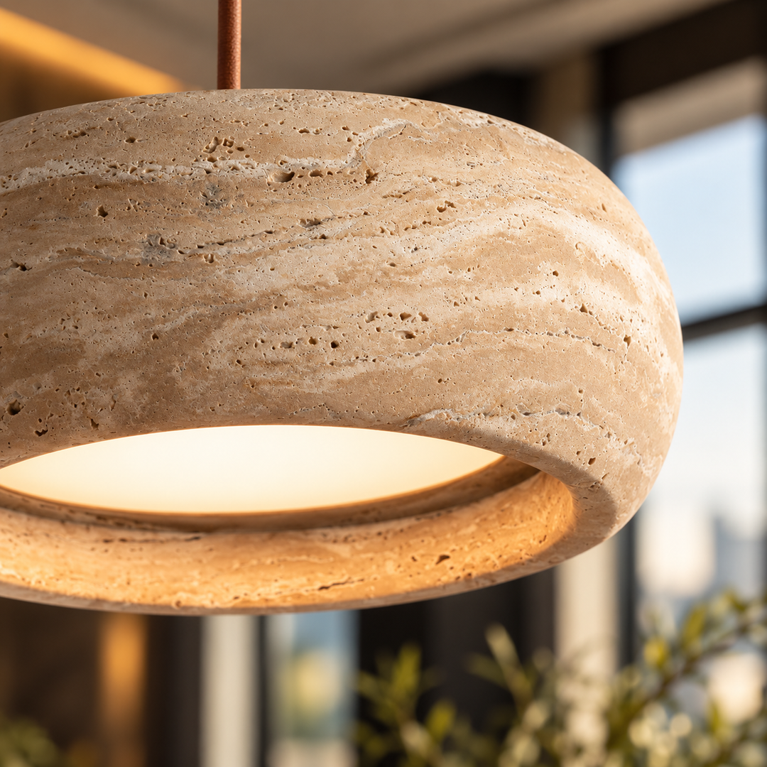 A close-up of a modern pendant light with a textured beige travertine stone shade, suspended by a thin copper-colored cord against a softly blurred interior background.