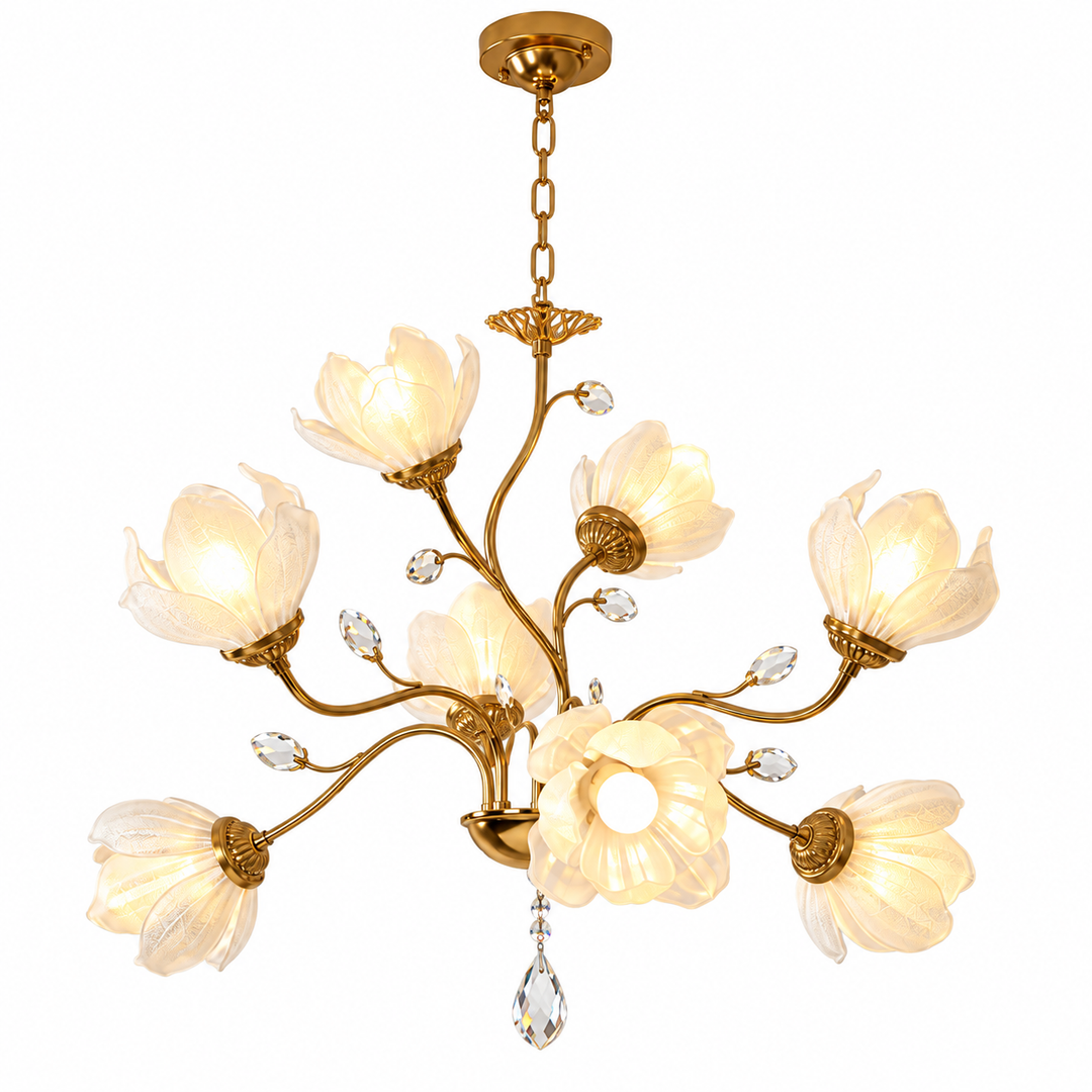 A 5-light gold chandelier with elegant flower-shaped frosted glass shades and clear crystal accents, shown against a solid white background.