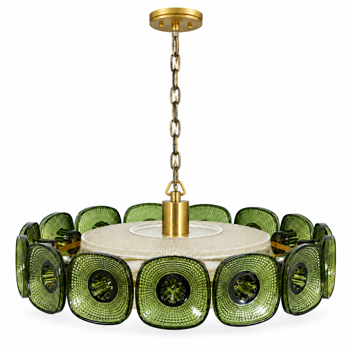 A modern circular pendant chandelier featuring textured olive green glass panels arranged in a ring around a white ribbed central diffuser, suspended by a brass chain from a matching brass ceiling canopy.