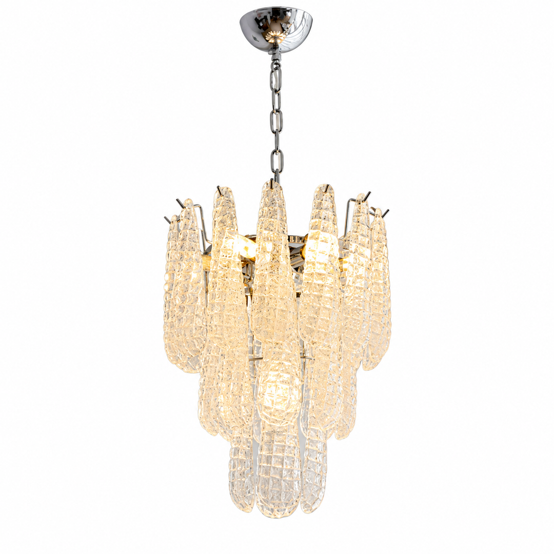 A modern multi-light chandelier with textured clear glass candle-style shades and a polished silver metal ceiling canopy and chain, shown against a plain white background.
