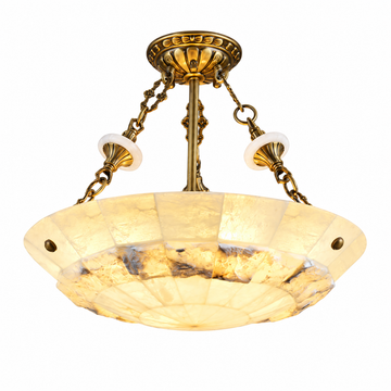 An Art Deco style semi-flush mount ceiling light fixture featuring a warm brass/gold metal frame, hanging chains, and a scalloped glass shade with a warm yellow and cream marbled pattern.
