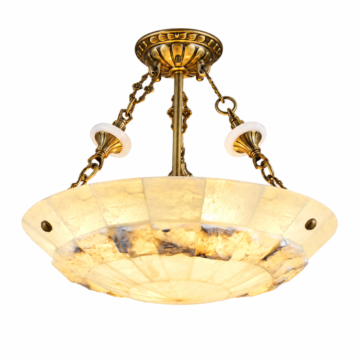 An Art Deco style semi-flush mount ceiling light fixture featuring a warm brass/gold metal frame, hanging chains, and a scalloped glass shade with a warm yellow and cream marbled pattern.