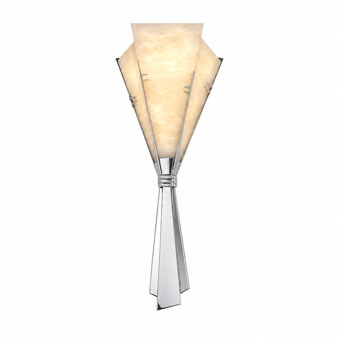 A modern wall sconce light fixture with a polished silver-toned metal frame and a warm cream-colored textured glass shade, shown against a plain white background.