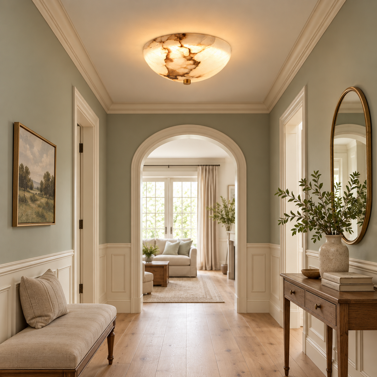 A beautifully styled hallway with sage green walls, white wainscoting, a warm wood floor, and a glowing oval ceiling light. On the left is a beige upholstered bench, and on the right is a wooden console table with a vase of greenery and an oval mirror.