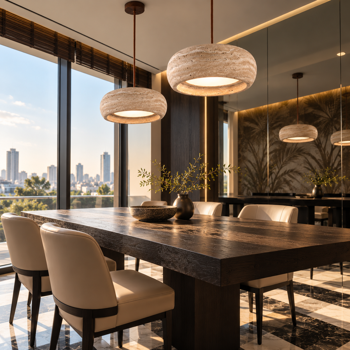 A modern dining room with a dark wood rectangular table and cream upholstered chairs, illuminated by two large round pendant lights with textured stone-like shades. Large windows offer a city skyline view, and the room is styled with a vase of branches and decorative bowls.