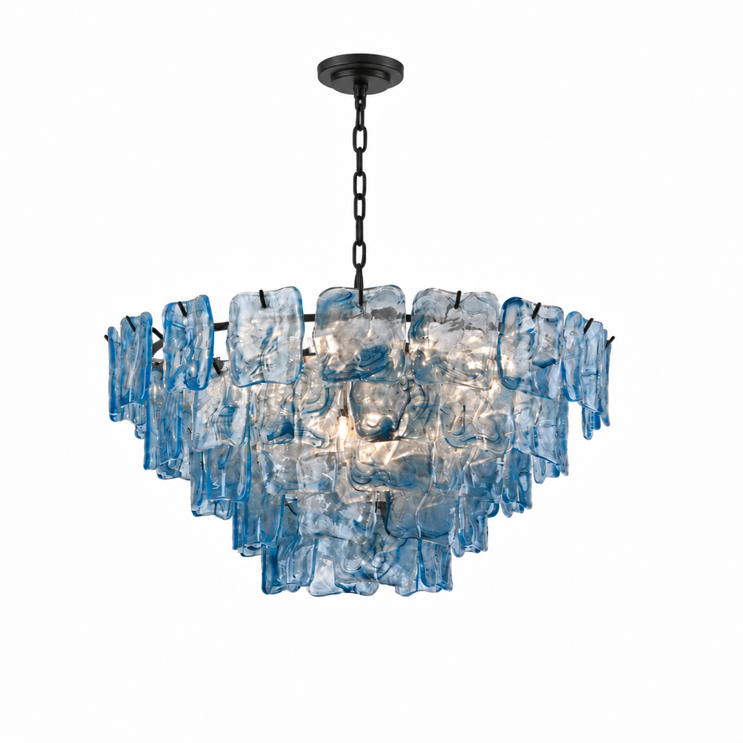 A modern tiered chandelier featuring textured, translucent blue glass panels suspended from a black metal frame and chain, shown against a plain white background.