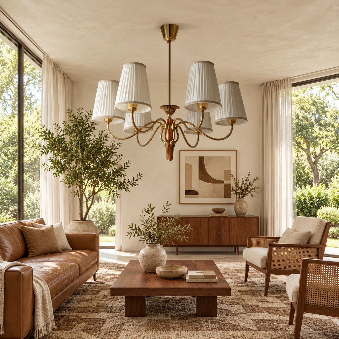 A beautifully styled mid-century modern living room featuring a brass chandelier with white pleated drum shades, a brown leather sofa, a wooden coffee table, and large windows looking out onto green trees.