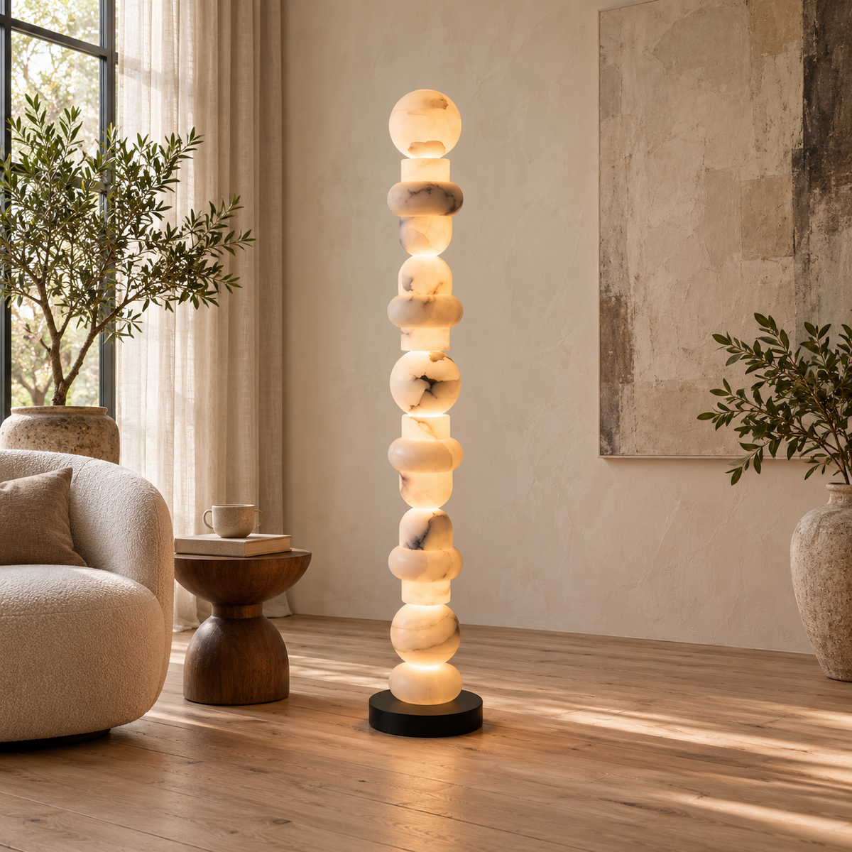 A tall, sculptural floor lamp made of stacked glowing stone-like spheres on a black base, placed in a softly lit living room beside a beige armchair, small wooden side table, and potted plants.