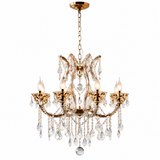 A five-light gold chandelier with clear crystal droplets and candle-style bulbs, suspended from a gold chain against a plain white background.