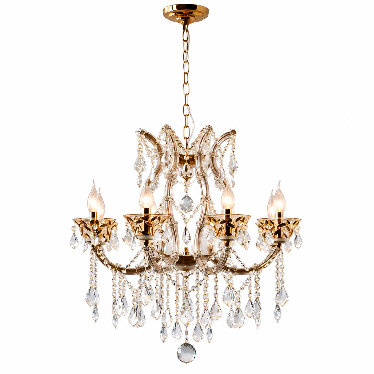 A five-light gold chandelier with clear crystal droplets and candle-style bulbs, suspended from a gold chain against a plain white background.