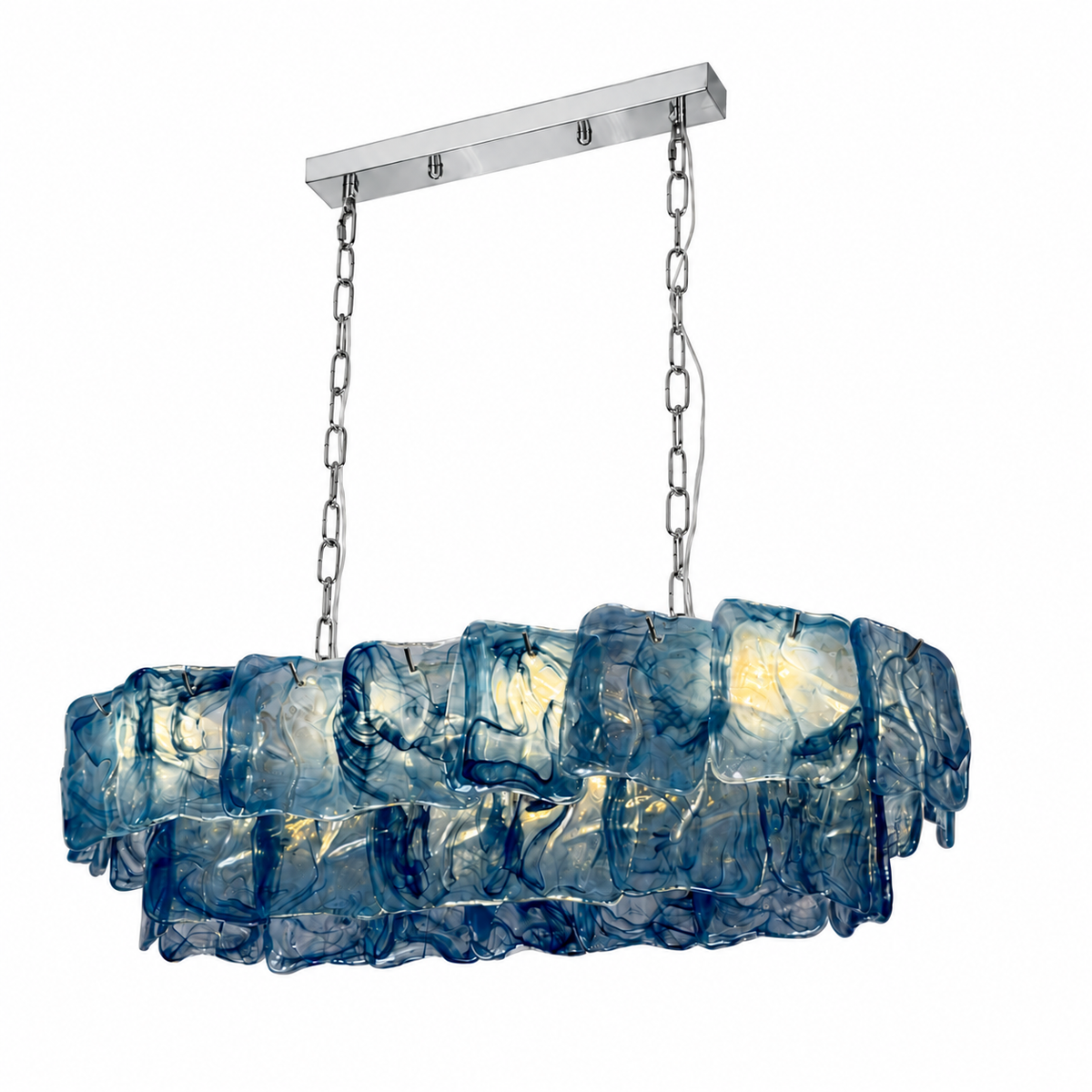 Linear chandelier with two tiers of blue marbled art glass panels suspended by chrome chains from a silver rectangular canopy.