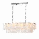 Linear chandelier with two tiers of frosted clear art glass panels suspended by chrome chains from a silver rectangular canopy.