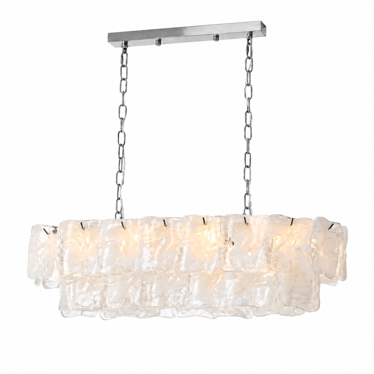 Linear chandelier with two tiers of frosted clear art glass panels suspended by chrome chains from a silver rectangular canopy.
