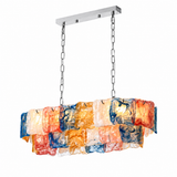 Linear chandelier with two tiers of multicolour marbled art glass panels in blue, amber, and coral, suspended by chrome chains.