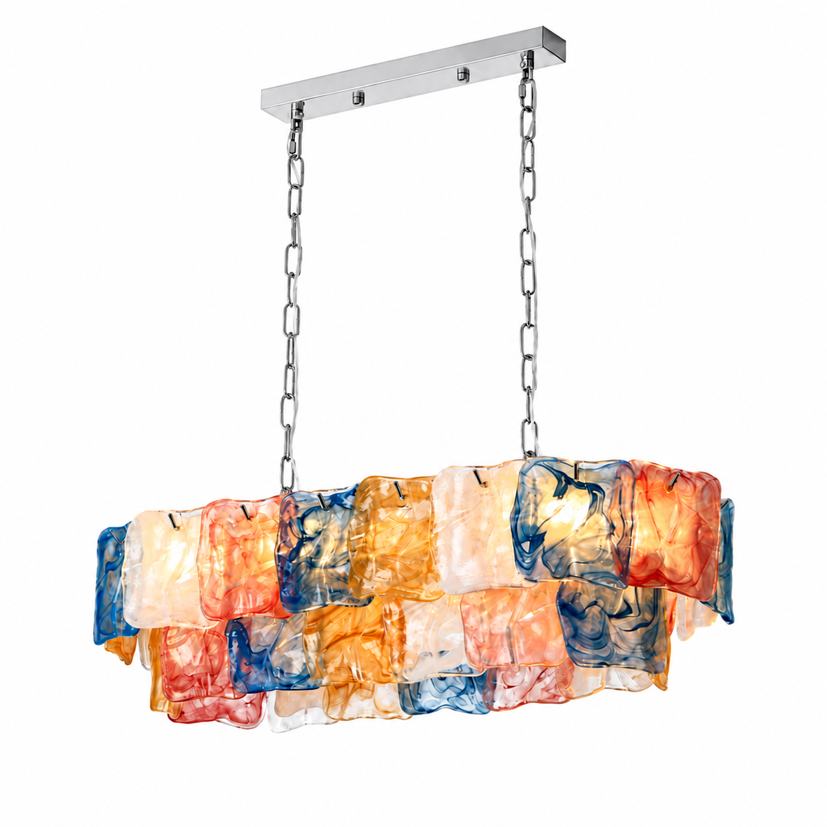 Linear chandelier with two tiers of multicolour marbled art glass panels in blue, amber, and coral, suspended by chrome chains.