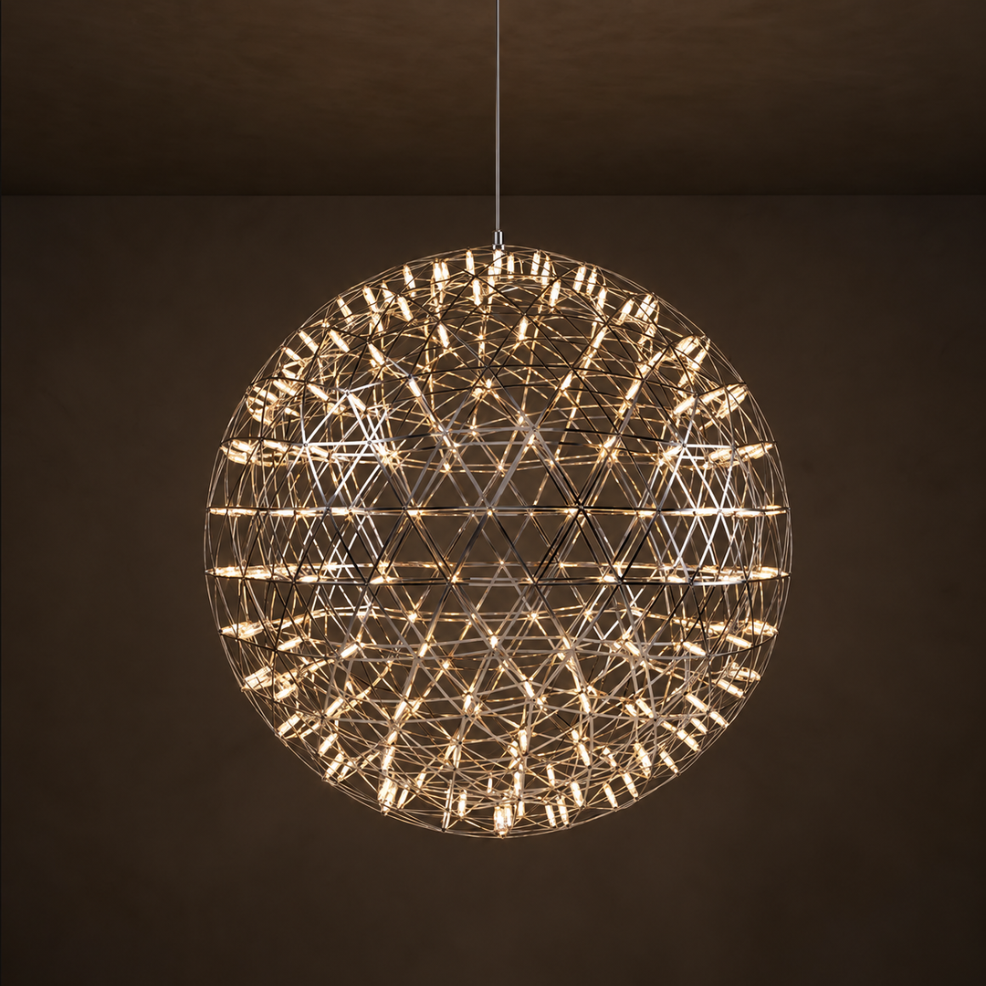 A spherical geometric wire chandelier pendant light with many small illuminated bulbs, hanging from a thin cord against a dark brown wall and ceiling.