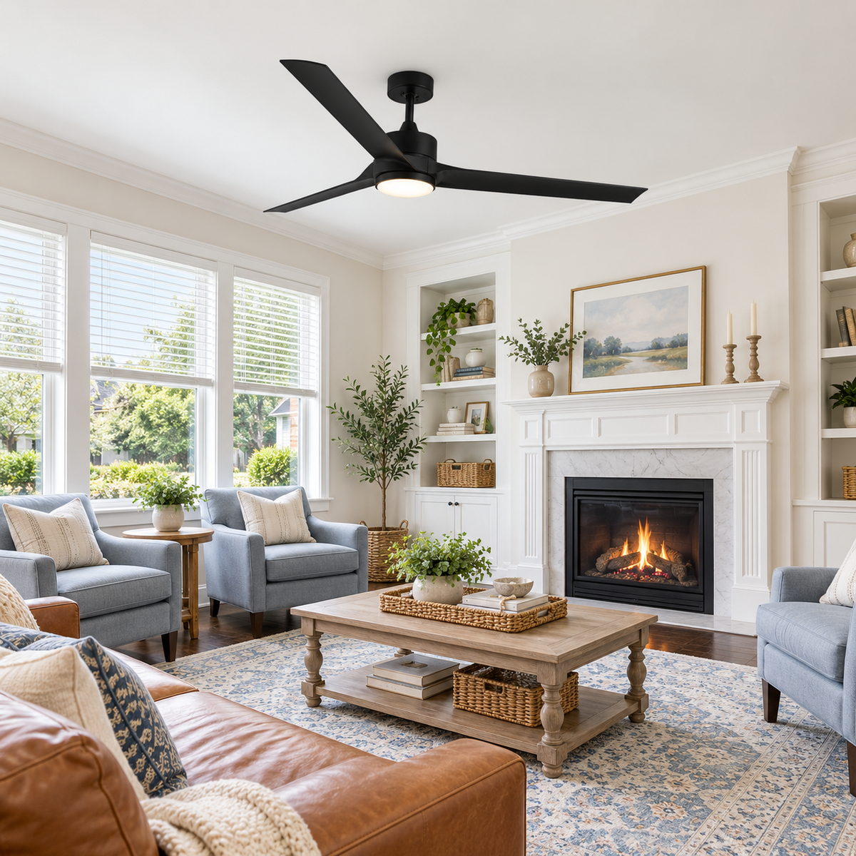 A modern black ceiling fan with a light fixture is shown installed in a bright, styled living room with a fireplace, blue armchairs, a wooden coffee table, and a patterned rug.