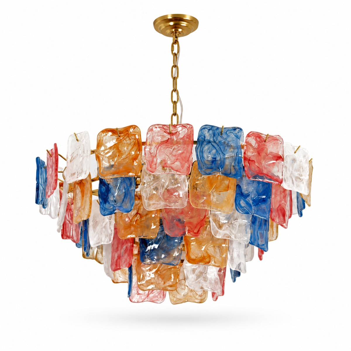 A modern chandelier with a gold-toned chain and ceiling canopy, featuring multiple translucent square glass shades in red, blue, orange, and clear, arranged in a tiered circular structure against a white background.