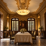 Illuminated alabaster and brass semi-flush ceiling light above a rectangular dining table beneath an ornate gold-trimmed ceiling.