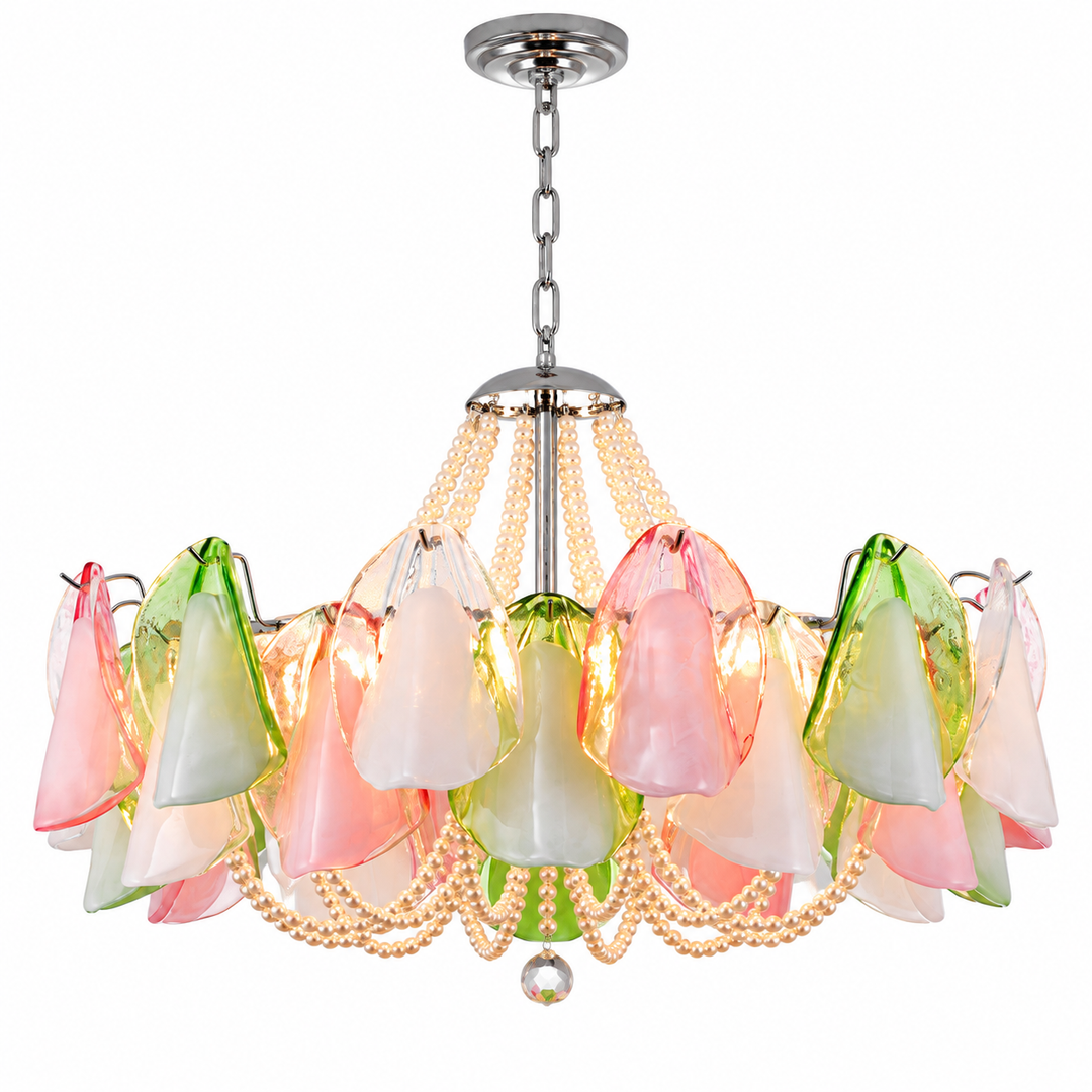 A multi-light chandelier featuring colorful, petal-shaped glass shades in pink, green, and white, suspended by gold-toned chains and a silver-toned metal frame.
