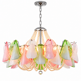 A multi-light chandelier featuring colorful, petal-shaped glass shades in pink, green, and white, suspended by gold-toned chains and a silver-toned metal frame.