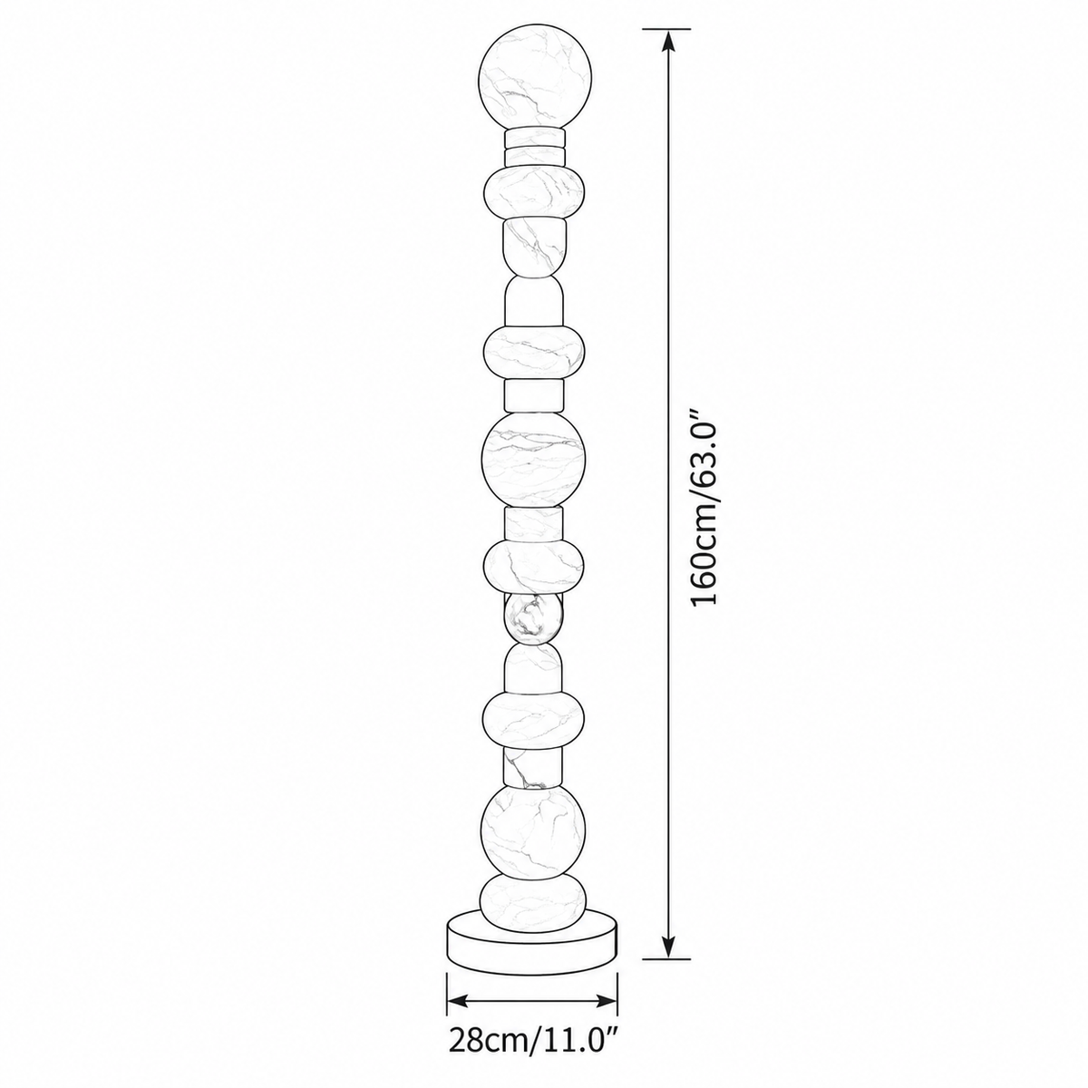 Floor lamp dimension drawing shows stacked rounded stone forms, a 160 cm height, and a 28 cm base width.