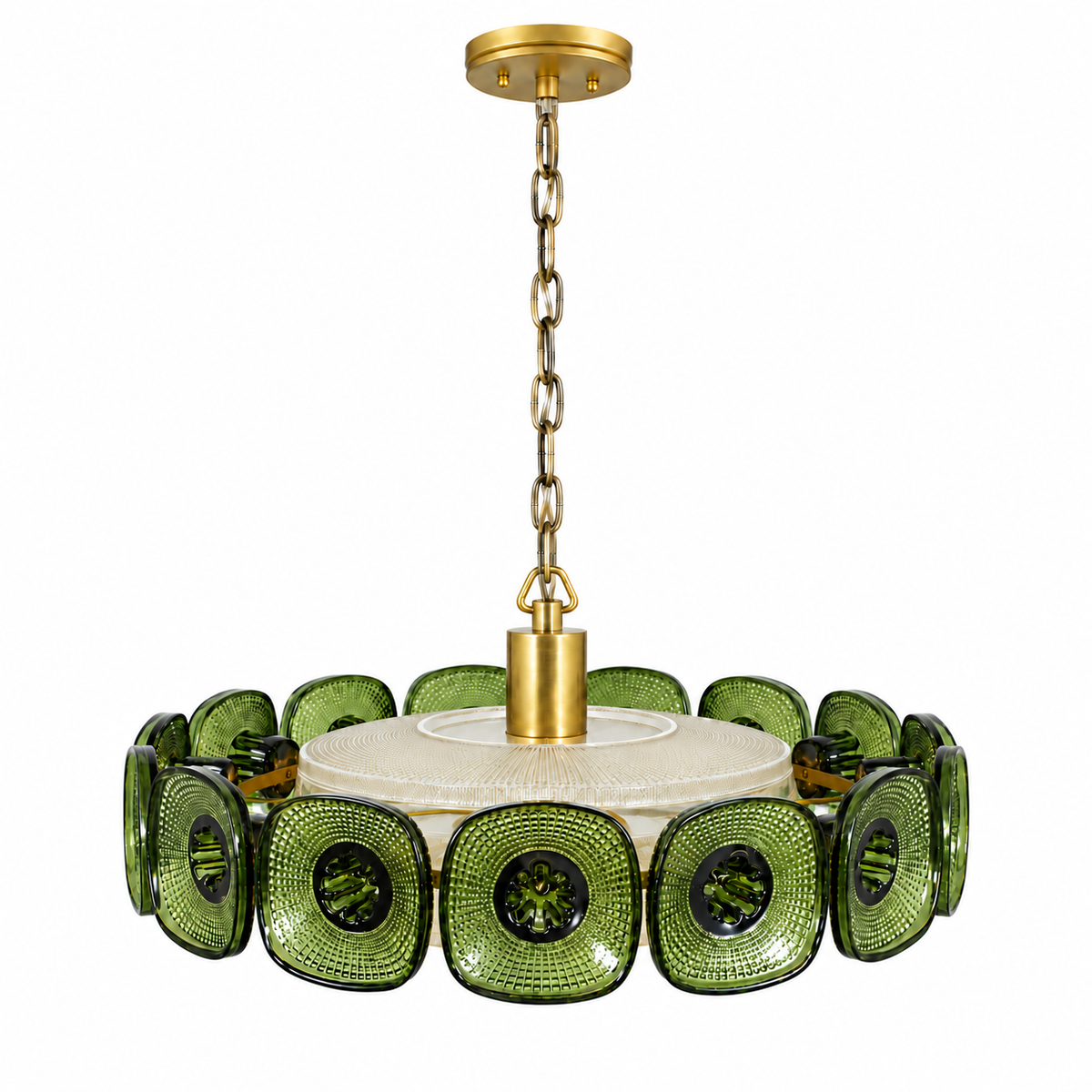 A modern multi-light pendant chandelier featuring textured green glass circular shades and a central white textured shade, suspended by a gold-toned chain and canopy.