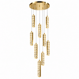 A modern multi-light linear chandelier in polished gold with clear faceted crystal-like drops, suspended from a round canopy against a plain white background.