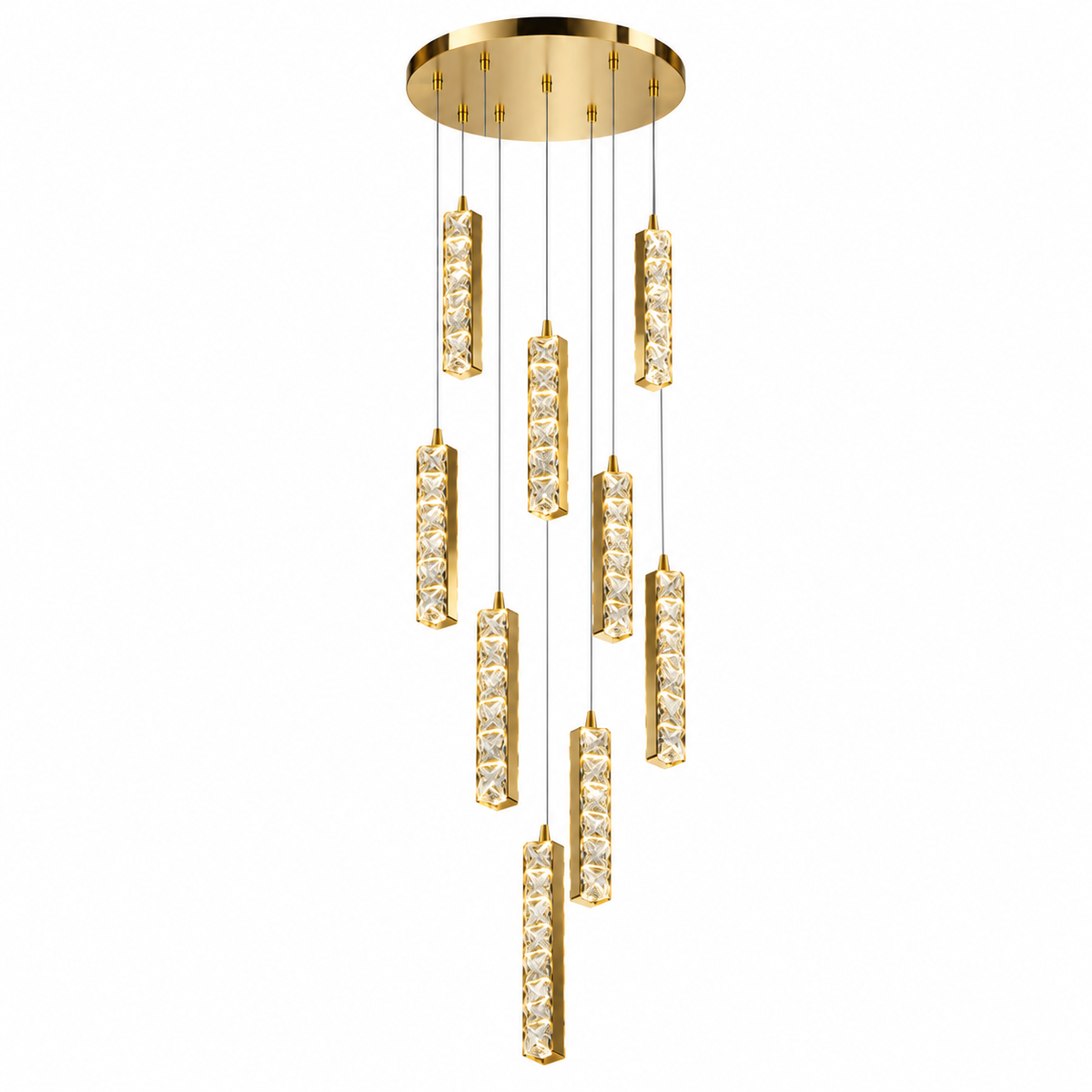 A modern multi-light linear chandelier in polished gold with clear faceted crystal-like drops, suspended from a round canopy against a plain white background.