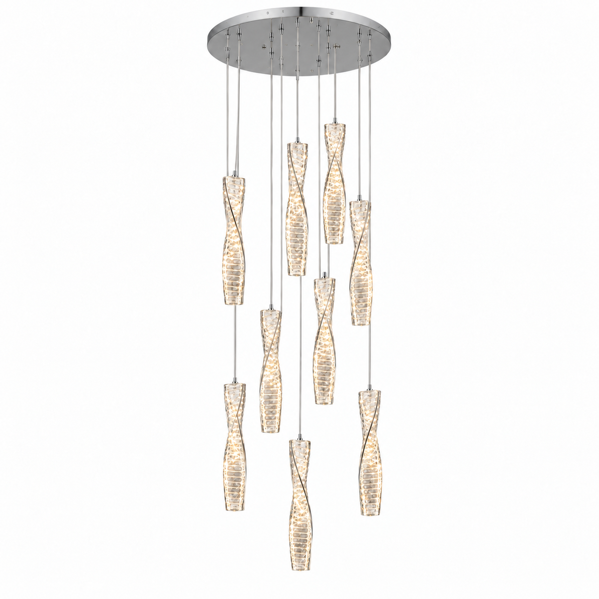 A modern multi-light chandelier with nine textured glass pendant shades of varying lengths, suspended from a circular silver ceiling canopy on a plain white background.