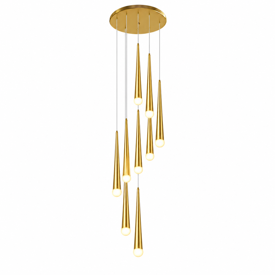 A modern gold chandelier with a circular ceiling canopy and nine tapered teardrop-shaped light shades hanging at staggered intervals on thin cables, shown against a plain white background.
