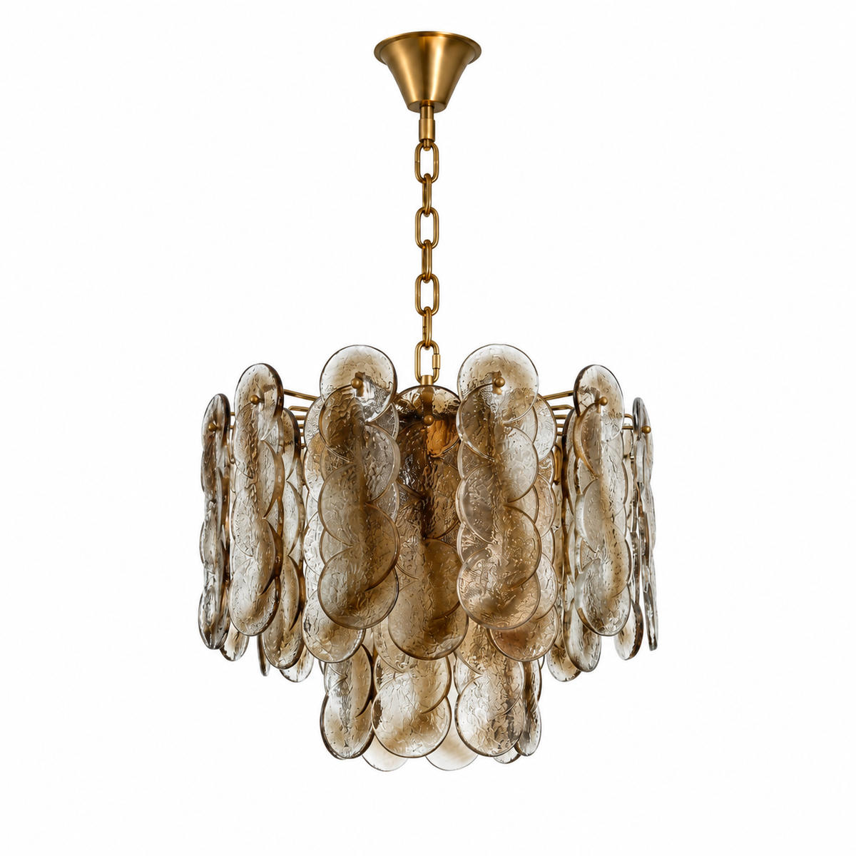 A modern multi-light chandelier featuring textured, translucent amber-brown glass disc leaves suspended from a polished gold brass frame and chain.