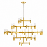 A modern multi-light chandelier with a polished gold-finished metal frame and clear cylindrical glass shades, suspended from a thin rod against a plain white background.