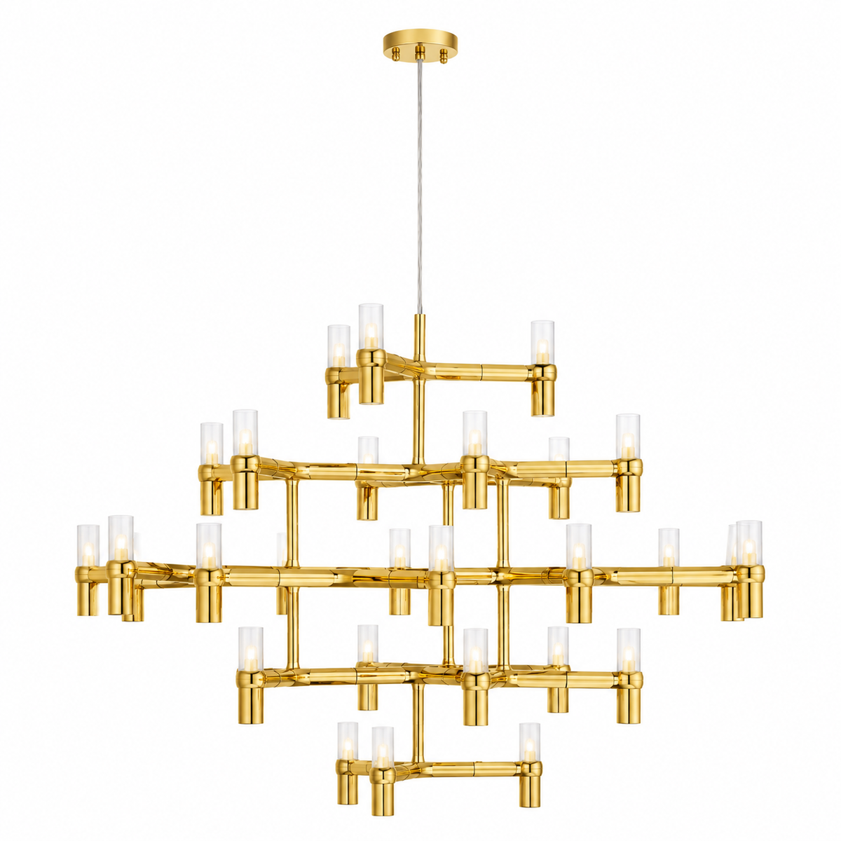 A modern multi-light chandelier with a polished gold-finished metal frame and clear cylindrical glass shades, suspended from a thin rod against a plain white background.