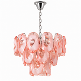 A modern multi-light chandelier featuring translucent pink glass petal-like shades suspended from a polished silver metal chain and canopy, shown against a plain white background.