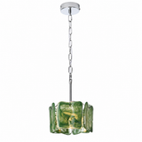 A modern pendant light fixture featuring a square green glass shade with organic, wavy edges and a polished chrome chain and canopy, shown against a plain white background.