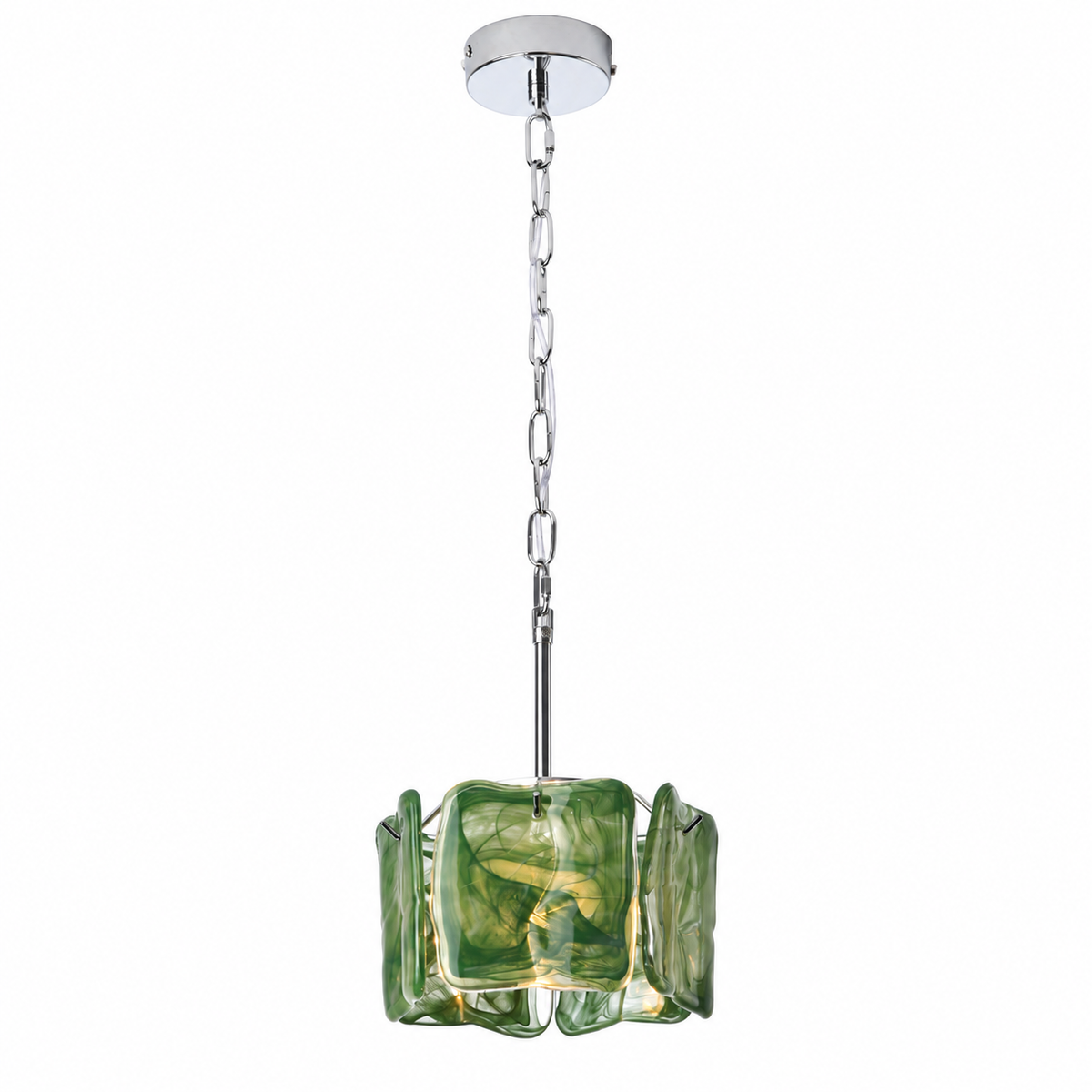 A modern pendant light fixture featuring a square green glass shade with organic, wavy edges and a polished chrome chain and canopy, shown against a plain white background.