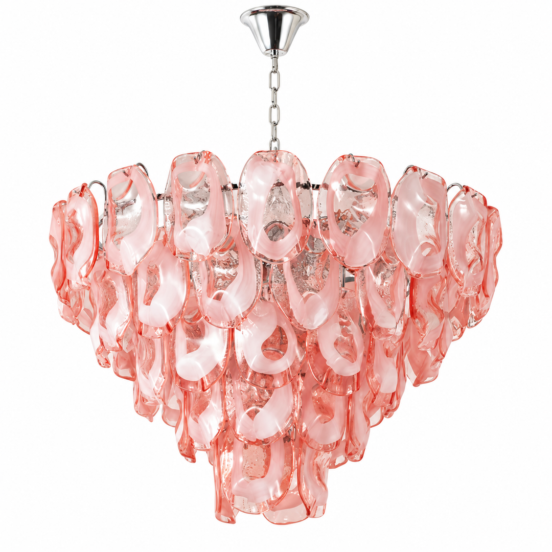 A modern chandelier featuring a cascading arrangement of translucent pink glass petal-like shades suspended from a polished silver-toned metal frame and chain, shown against a solid white background.