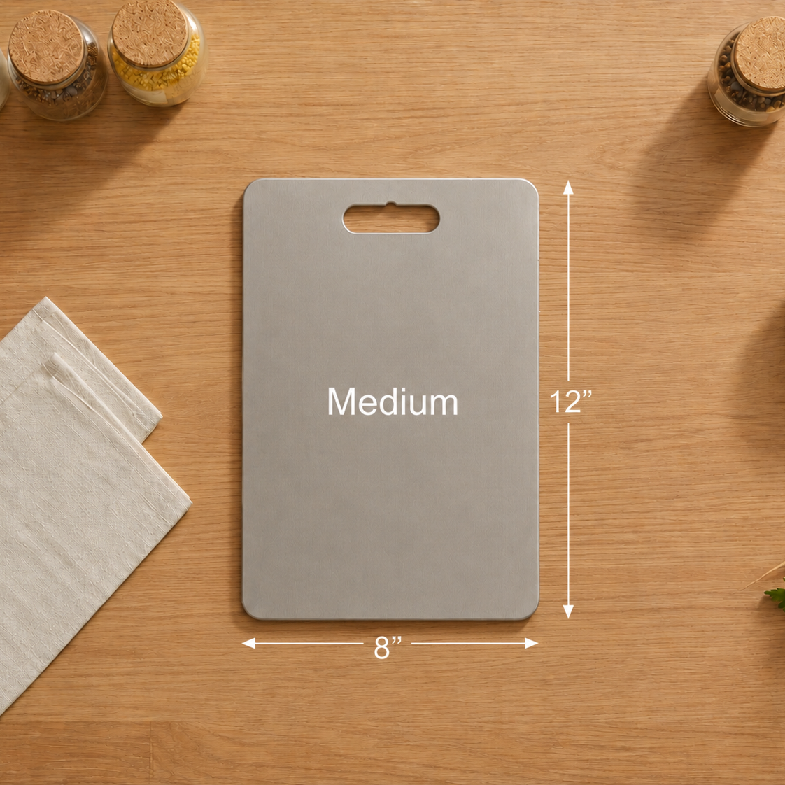 A gray rectangular cutting board with a handle cutout, shown on a wooden tabletop with dimension arrows labeled 12 inches tall and 8 inches wide. White text on the board reads 'Medium.